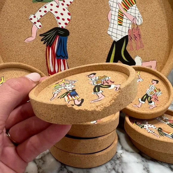 Mid-Century Hand-painted Portuguese Folk Cork Coaster Set - Picture 6 of 9